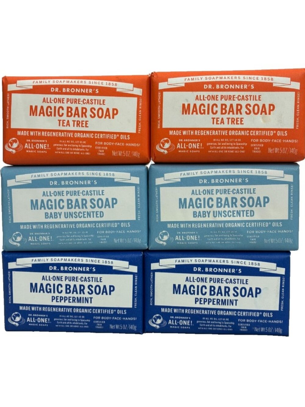 Dr Bronner’s Pure Castile Bar Soap 6 Pack Tea Tree Baby Unscented Peppermint 5oz